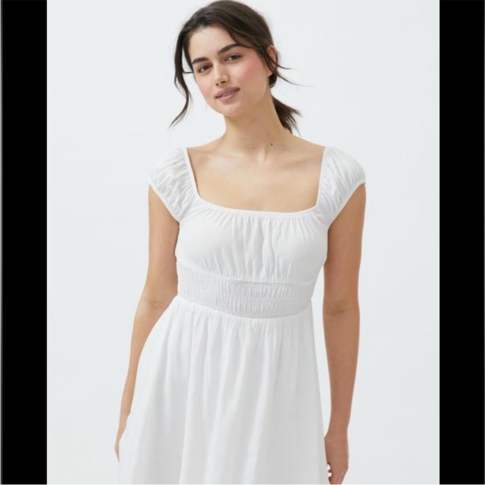 Urban Outfitters White Smocked Midi Dress — Square Neck & Puff Sleeves — Size M